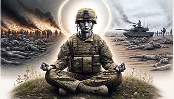 חייל שיושב ועושה מדיטציה באמצע שדה קרב.