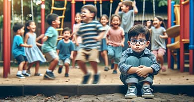ילד קטן עם משקפיים, שסובל מחרדה חברתית, יושב עצוב בצד. הוא צופה בילדים אחרים משחקים יחד