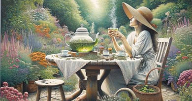 אשה עם כובע קש, יושבת בגינה ליד שולחן ושותה תה ירוק עם עשבים.