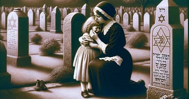 ילדה קטנה בוכה עומדת מול קבר והאמא שלה, בשמלה שחורה ומטפחת מחבקת אותה.