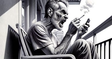זקן רזה וכועס. יושב על כסא במרפסת, מעשן על המרפסת וצועק בסמארטפון.