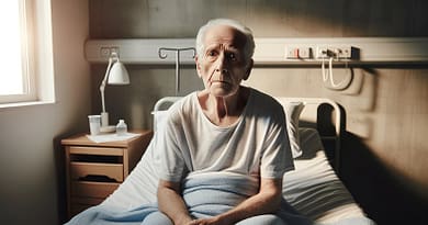 חולה אלצהיימר זקן ומבולבל, יושב במיטתו, ואינו מזהה את סביבתו.