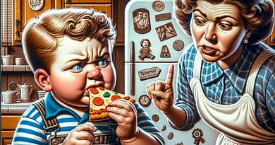 ילד קטן ושמן מקרב חתיכת פיצה עם גלוטן לפיו ואמא שלו נוזפת בו.