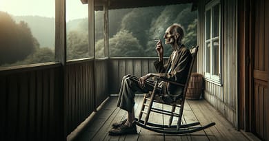 זקן רזה ומלנכולי, יושב על כסא נדנדה במרפסת, מעשן סיגריה ופניו מביעות ייאוש.