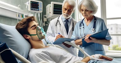 אדם צעיר שוכב בבית החולים. על פניו מסיכת חמצן. בחדר יש מכשירים רפואיים. לידו אחות ורופא.