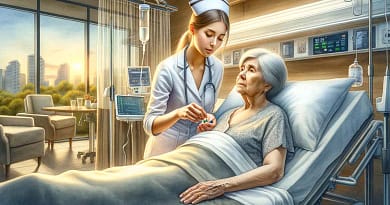 אחות בבית חולים נותנת לזקנה ששוכבת במיטה כדור ציפרלקס