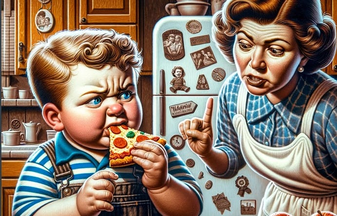 ילד קטן ושמן מקרב חתיכת פיצה עם גלוטן לפיו ואמא שלו נוזפת בו.