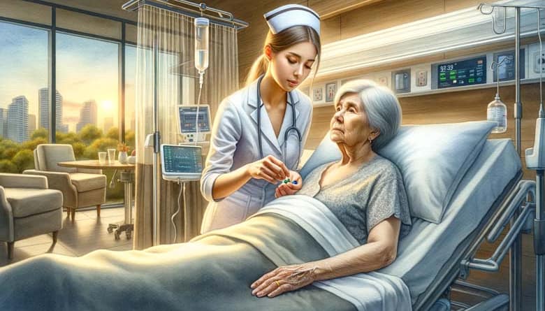 אחות בבית חולים נותנת לזקנה ששוכבת במיטה כדור ציפרלקס