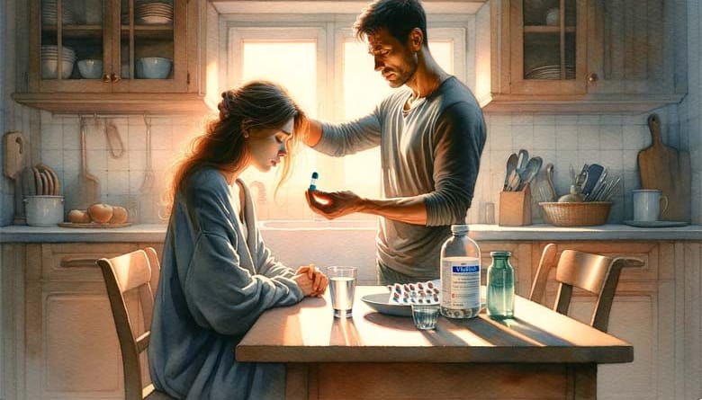 בעל עומד ומגיש לאשתו העצובה, שיושבת ליד שולחן במטבח, קפסולה של ויאפקס וכוס מים.