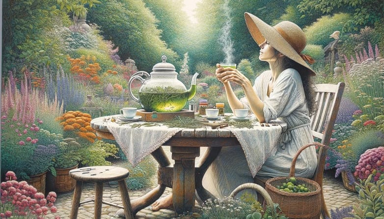 אשה עם כובע קש, יושבת בגינה ליד שולחן ושותה תה ירוק עם עשבים.
