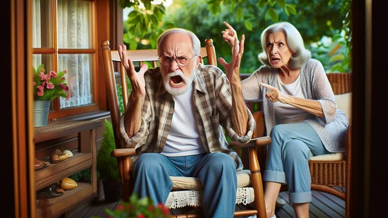 אדם זקן ורגזני יושב על כסא נדנדה על המרפסת מנופף בידיים וצועק. לידו יושבת אשתו אשתו אומרת לו משהו ומורה באצבעה.