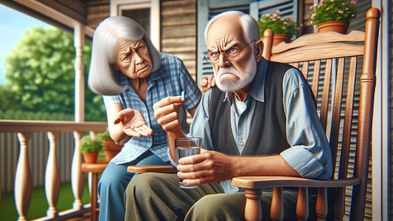 אדם זקן ורגזני יושב על כסא נדנדה על המרפסת. בידו האחת כדור הרגעה ובשנייה כוס מים. אשתו אומרת לו משהו ומורה באצבעה.