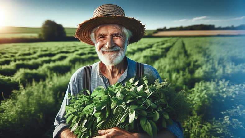 איכר זקן עם כובע עומד בשדה ומחזיק בידיו צמחי מרפא