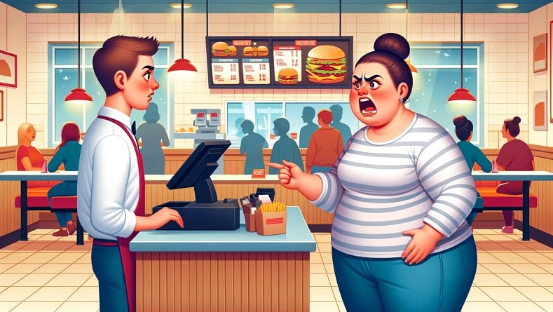 אשה שמנה ועצבנית צועקת על מוכר במסעדת מזון מהיר
