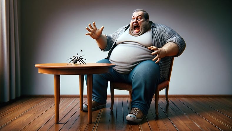 גבר גדול ושמן, יושב ליד שולחן, רואה עכביש קטן, צורח בבהלה וכמעט נופל מהכיסא.