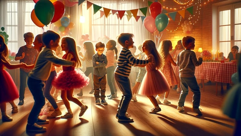 ילדים רוקדים בזוגות במסיבה. ילד שסובל מחרדה חברתית עומד בצד מרוחק מכולם.