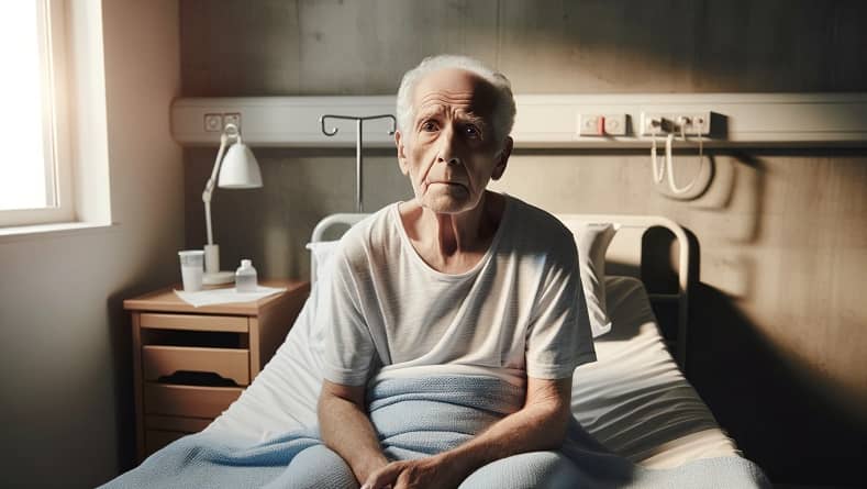 חולה אלצהיימר זקן ומבולבל, יושב במיטתו, ואינו מזהה את סביבתו.