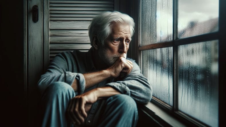 גבר זקן ומדוכא יושב ליד חלון ובחוץ יורד גשם