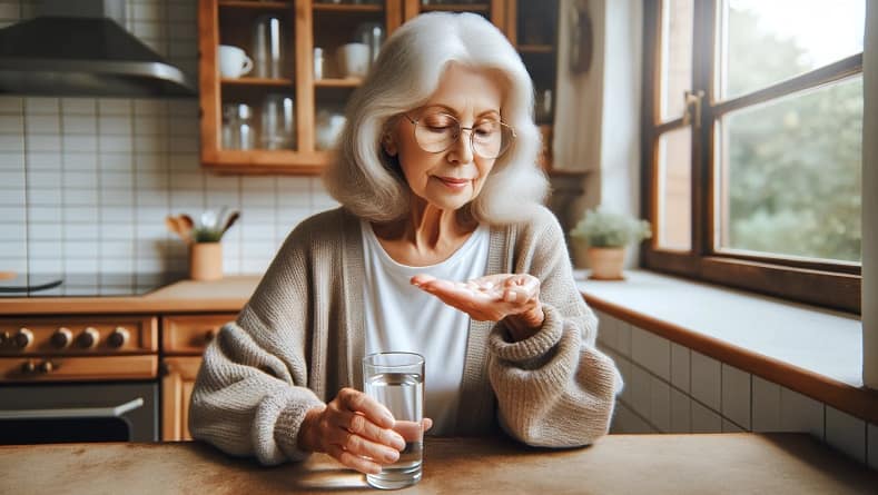זקנה יושבת ליד שולחן במטבח ונוטלת כדור קלונקס עם כוס מים
