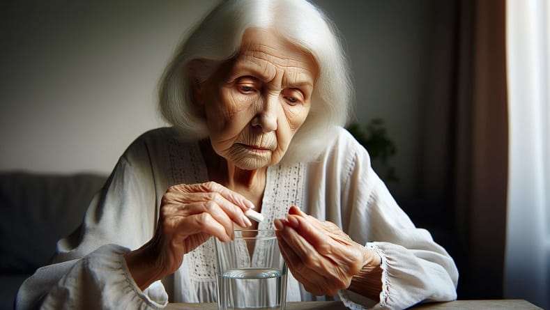 אשה מבוגרת עייפה ומלנכולית נוטלת קפסולה ביד אחת וביד השנייה מחזיקה כוס מים.