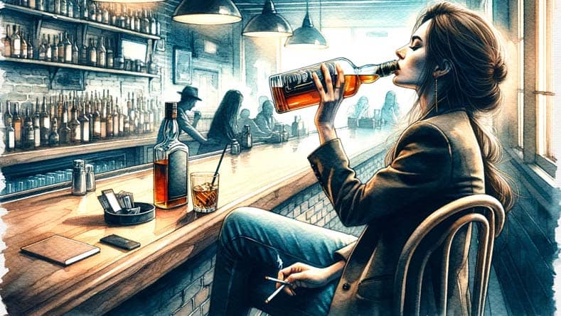 אשה יושבת בבר, שותה מבקבוק וויסקי ומעשנת סיגריה