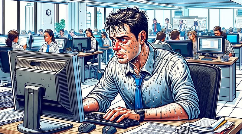איור של גבר לחוץ ומזיע עובד במשרד סואן עובד מול מחשב