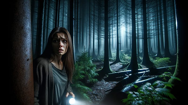 אשה מבוהלת וחרדה מחזיקה פנס ביער חשוך